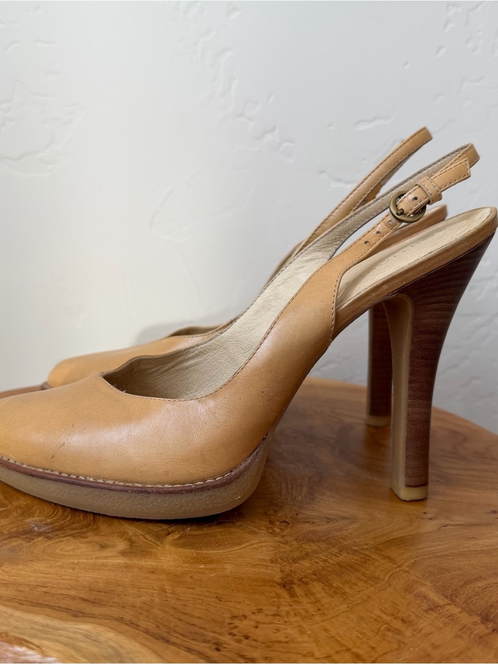 Boutique 58 tan leather slingback platform heels 9.5 wood-grain high stiletto he